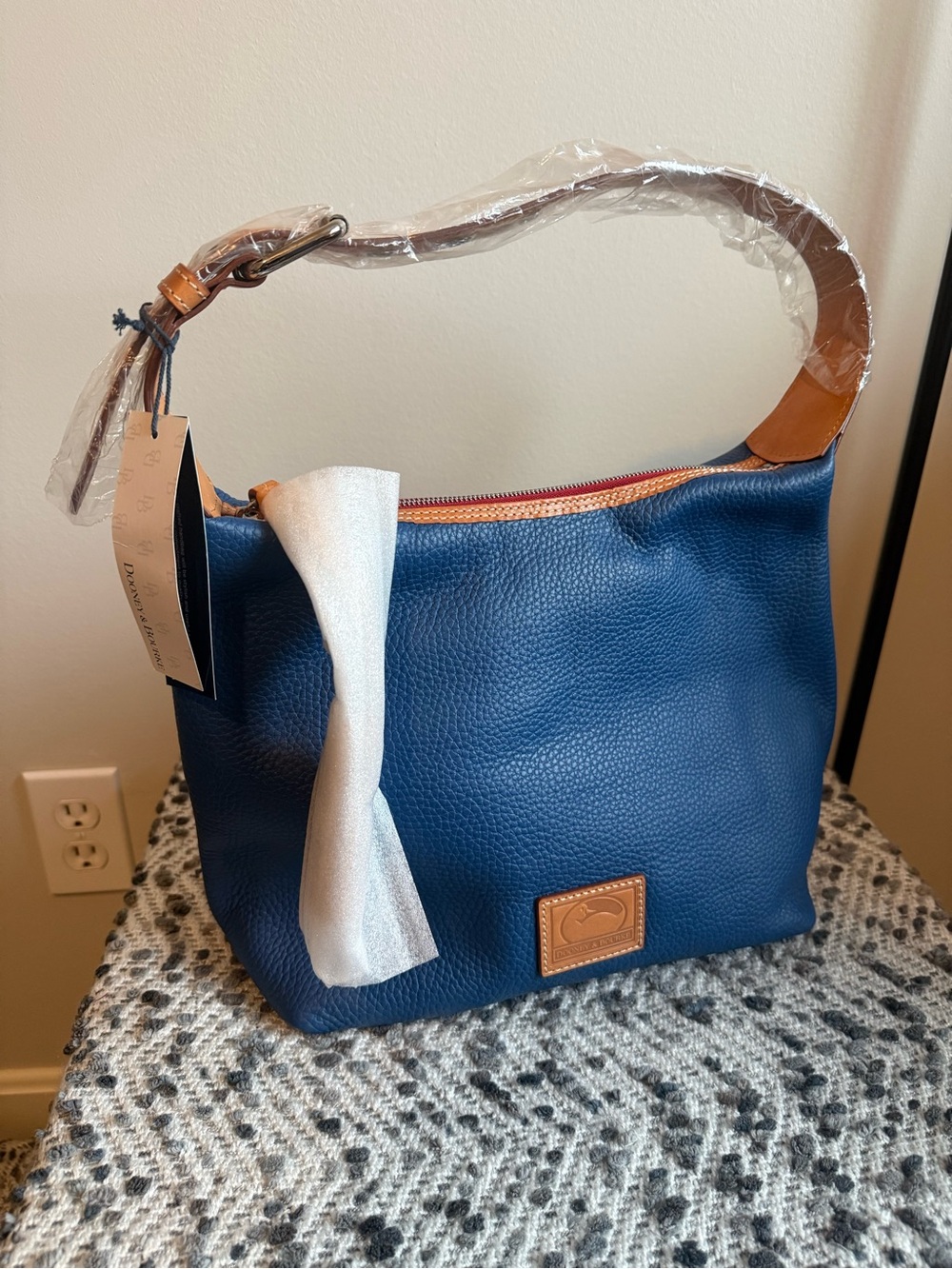Dooney & Bourke Blue Pebble Leather Paige Sack with Tan Trim